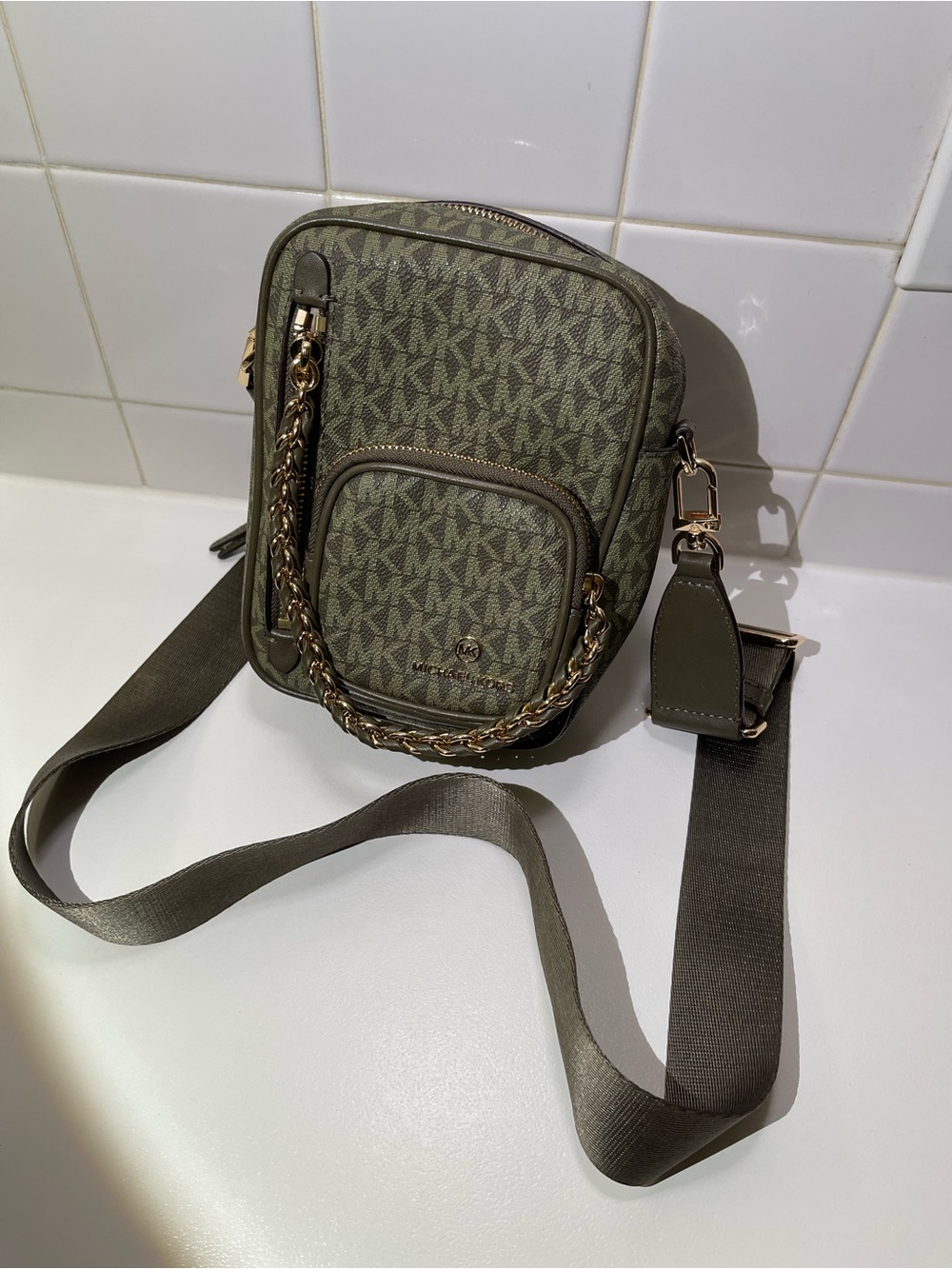 Michael Kors Olive Logo Crossbody with Chain Detail